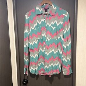 Rock & Roll Cowgirl Teal and Pink Zigzag Button Down Shirt